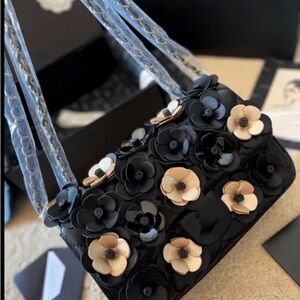 Black Floral Appliqué Shoulder Bag